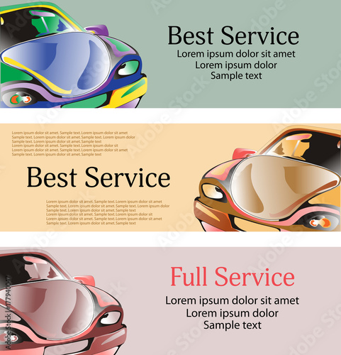 Set banners with cartoon car. Design for your auto repair. Vector