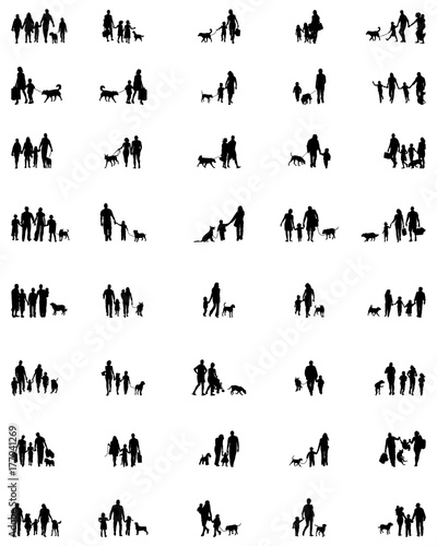 Black silhouettes of people with dogs, vector