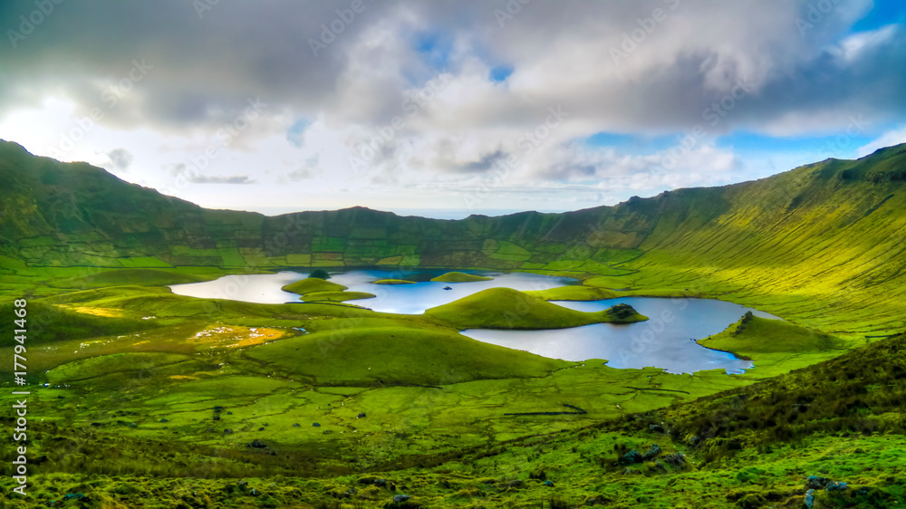 Fototapeta premium Landscape sunset view to Caldeirao crater, Corvo island, Azores, Portugal