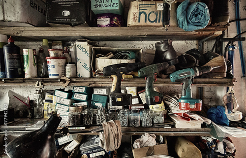 Grungy toolshed shelf
