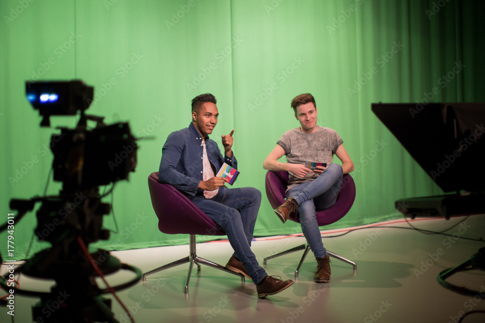 Presenters recording in a green screen studio Presenters recording in a green screen studio