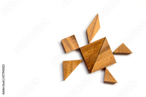 Wooden tangram puzzle in swimming turtle shape on white background
