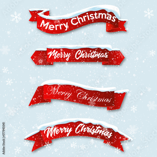 Set red realistic curved ribbon Merry Christmas banner isolated on snow background. Vector illustration.