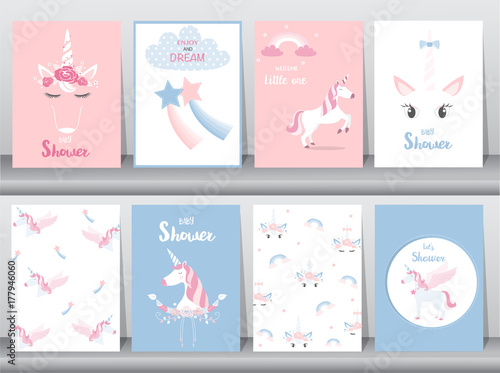 Set of baby shower invitations cards, poster, greeting, template, animals,unicorn, Vector illustrations 