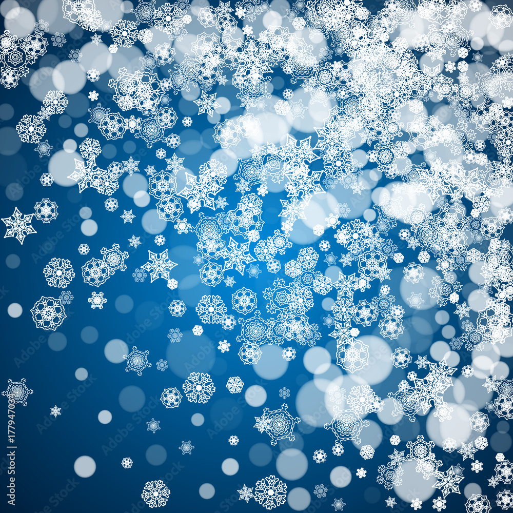 New Year snow on blue background. Winter theme. Christmas and New Year snow falling backdrop. For season sales, special offers, banners, cards, party invites, flyers. White frosty snowflakes on blue. New Year snow on blue background. Winter theme. Christmas and New Year snow falling backdrop. For season sales, special offers, banners, cards, party invites, flyers. White frosty snowflakes on blue.
