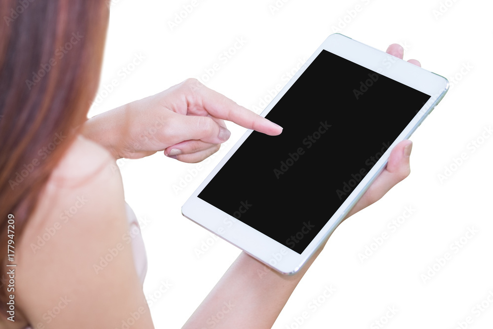 Hands woman are holding touch screen White Tablet Computer with white background/isolated. Hands woman are holding touch screen White Tablet Computer with white background/isolated.