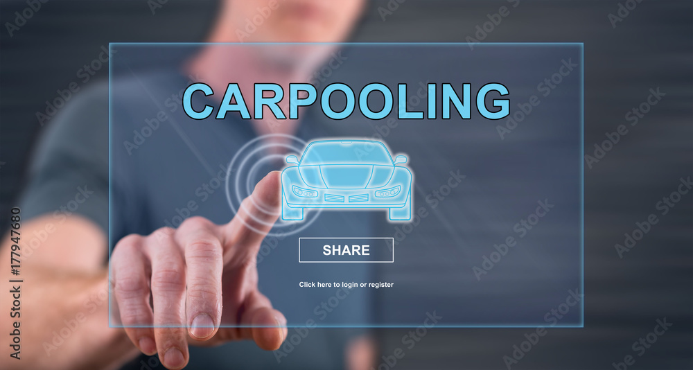 Man touching a carpooling concept on a touch screen Man touching a carpooling concept on a touch screen