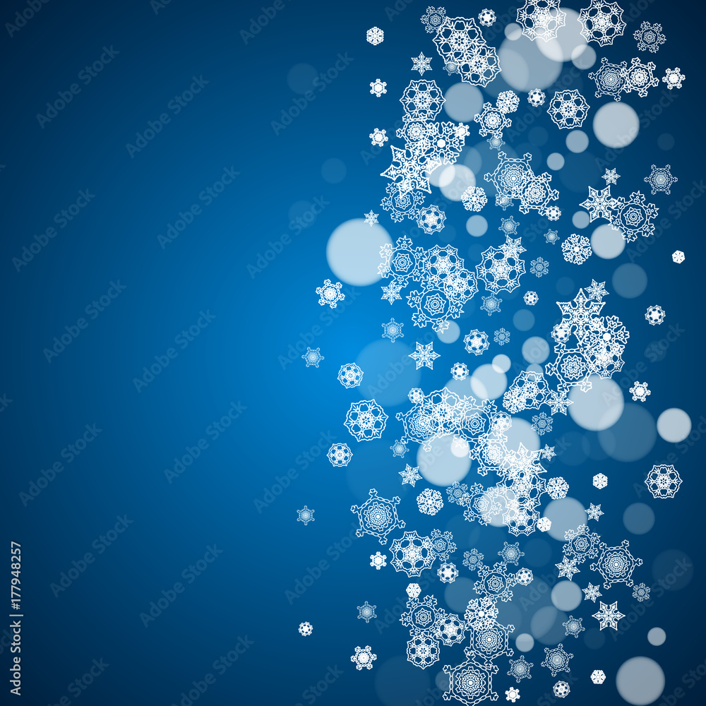 New Year snow on blue background. Winter theme. Christmas and New Year snow falling backdrop. For season sales, special offers, banners, cards, party invites, flyers. White frosty snowflakes on blue.