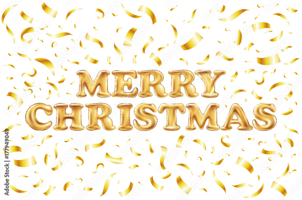 Merry Christmas. Gold balloons letter Isolated on white background. Holidays decorative sign. Vector illustrations.