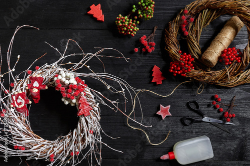 Make a Christmas wreath with your own hands. Workplace for preparing handmade decorations. photo