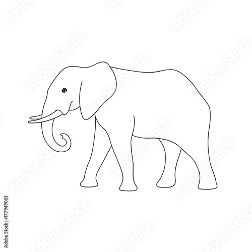 Isolated black outline monochrome elephant on white background. Curve lines. Page of coloring book. Side view.