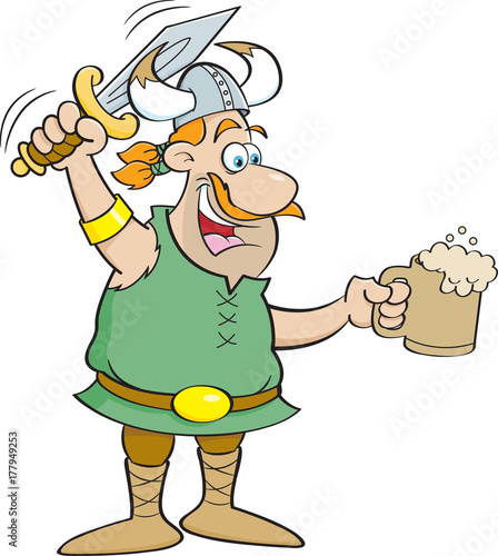 Cartoon illustration of a Viking holding a sword and a mug.