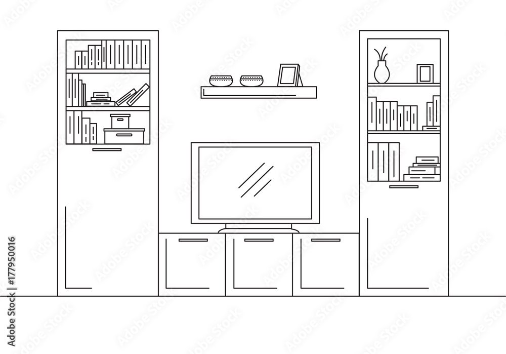 Linear sketch of the interior. Bookcase, dresser with TV and shelves. Vector illustration Linear sketch of the interior. Bookcase, dresser with TV and shelves. Vector illustration