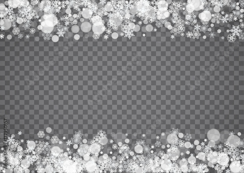 Isolated snowflakes on transparent grey background. Winter sales, Christmas and New Year design for party invitation, banner, sale. Horizontal winter window. Magic isolated snowflakes. Silver flakes