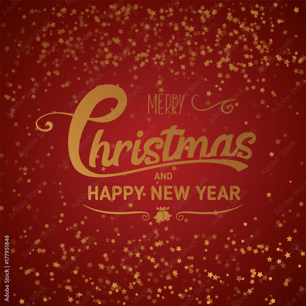 Christmas and new year typographical on red background with stars. Vector