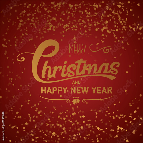 Christmas and new year typographical on red background with stars. Vector