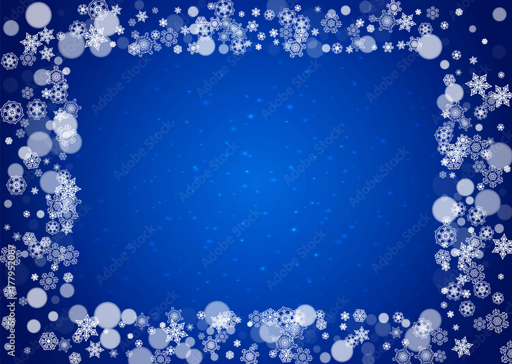 Christmas border with white snowflakes on blue background with sparkles. Horizontal Merry Christmas border for season sales, banners, invitations, retail offers. Falling snow. Frosty winter backdrop. Christmas border with white snowflakes on blue background with sparkles. Horizontal Merry Christmas border for season sales, banners, invitations, retail offers. Falling snow. Frosty winter backdrop.