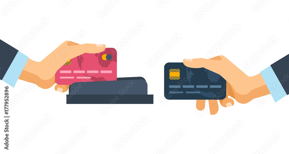 Hands holding credit plastic cards, used in payment device terminal. Hands holding credit plastic cards, used in payment device terminal.