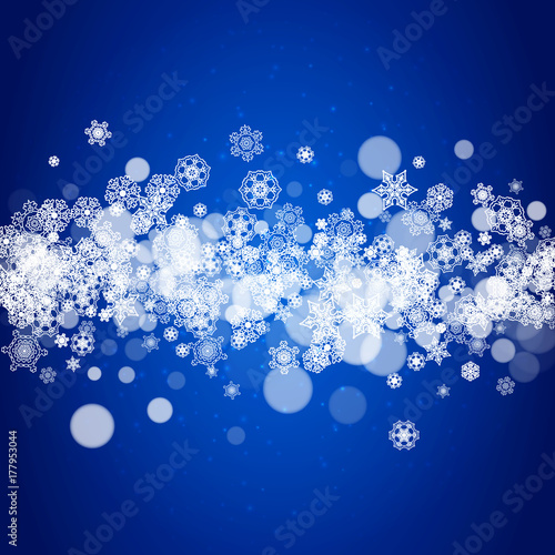 Christmas background with white snowflakes and sparkles. Winter sales, New Year and Christmas background for party invitation, banner, gift cards, retail offers. Falling snow. Frosty winter backdrop.