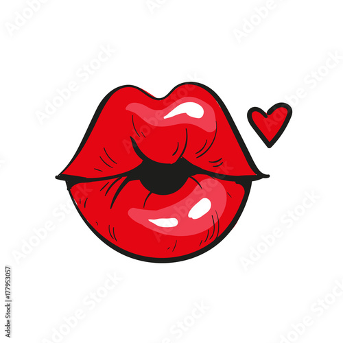 Sexy red lips in a kiss of love. And red heart, isolated on white. Vector illustration.