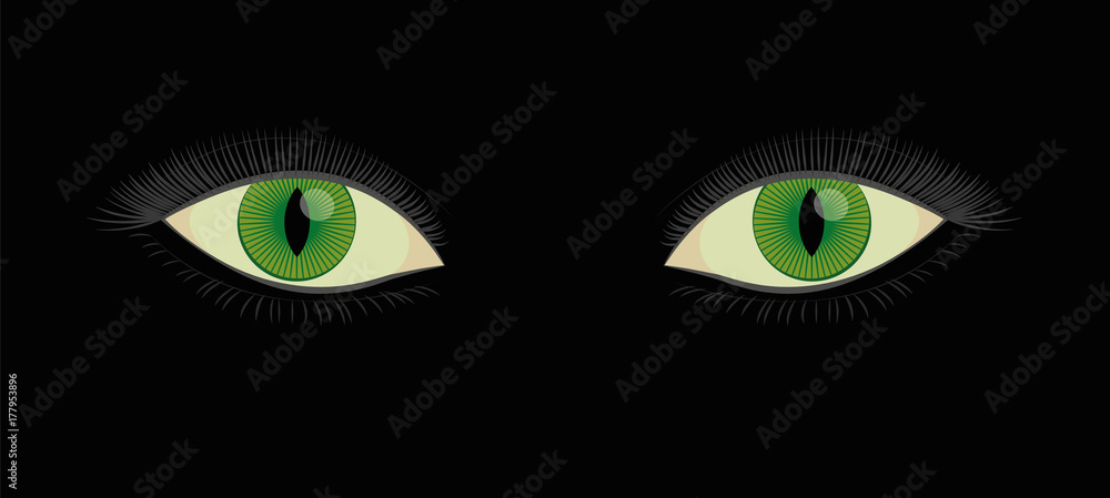 Green human cats eyes with slit pupils - beautiful, spooky, female mystic fantasy creature looking at you from darkness. Vector illustration on black background.