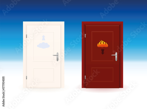 Heavens door to paradise with cloud icon and arrow pointing upwards for the good people and hell door for the bad, evil, wicked, sinful ones with flame symbol and down arrow - two contrary entrances.