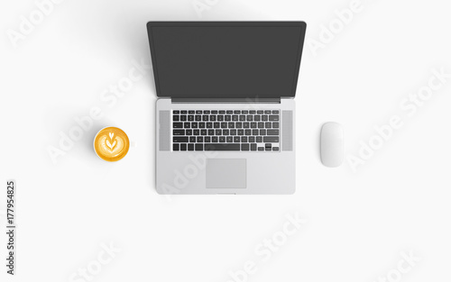 Modern workspace with coffee cup and laptop copy space on white color background. Top view. Flat lay style.