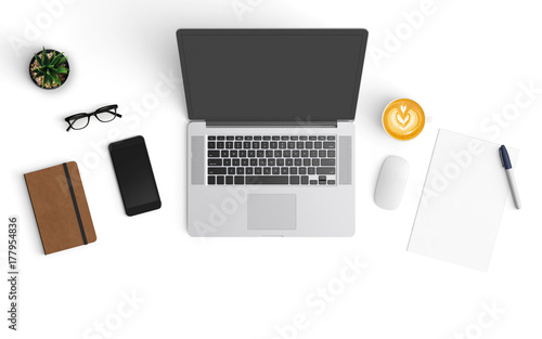 Modern workspace with coffee cup, smartphone, paper, notebook, tablet and laptop copy space on white color background. Top view. Flat lay style.