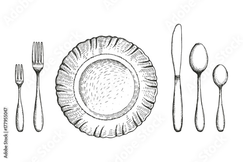 Plate dining room with fork spoons and knife vector sketch. cutlery set. handmade isolated vintage drawing on white background