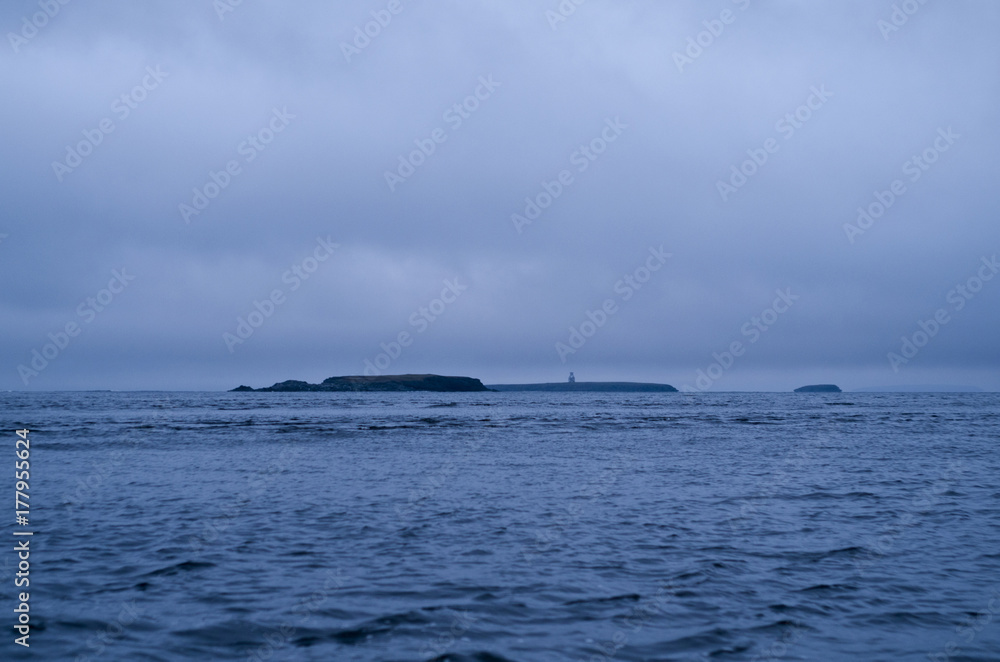 Arctic island in the Barents Sea, in the distance can be seen a lighthouse and rocks.