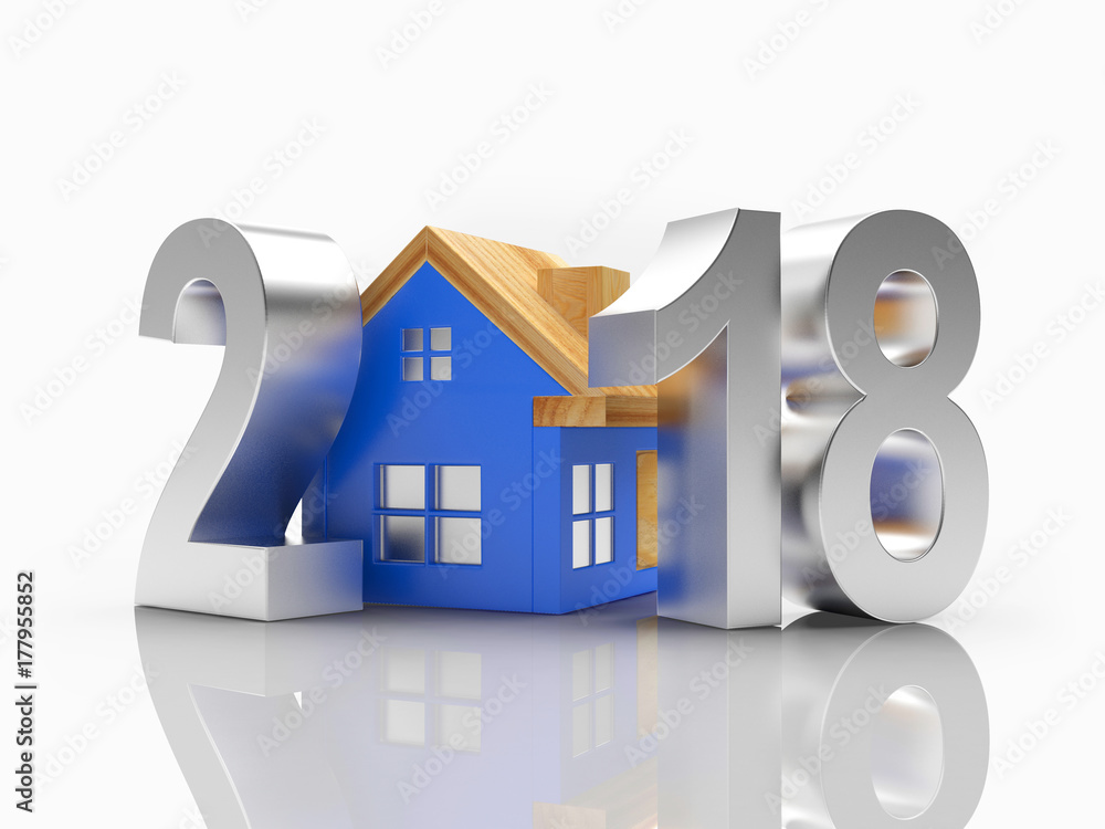 Silver numbers 2018 New Year with blue house icon and reflection on white background. 3D illustration Silver numbers 2018 New Year with blue house icon and reflection on white background. 3D illustration