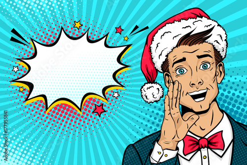 Christmas pop art face. Surprised happy man in Santa Claus hat, suit, bow tie with open mouth rises hand screaming and speech bubble. Vector illustration in retro comic style. New year party poster.