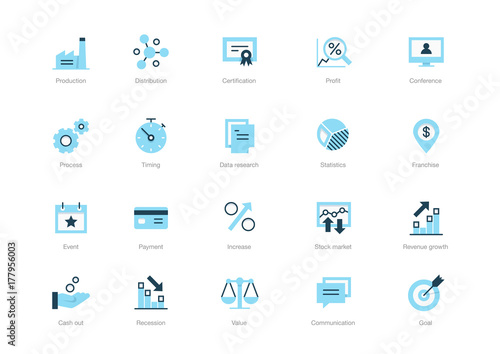 Set of blue flat business icons isolated on light background.