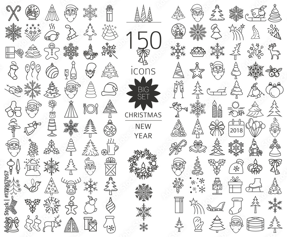 Christmas, New Year holidays icon big set. Flat style collection