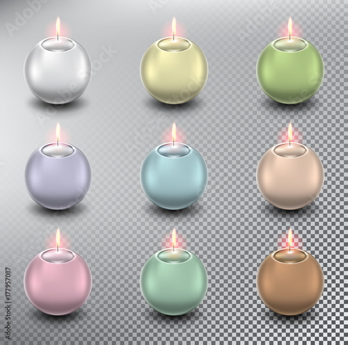 Set of 9 colorful vector ball candles. Spherical candles. Realistic and isolated with transparent burning flame and shadow on the white background. Vector illustration. Eps10.