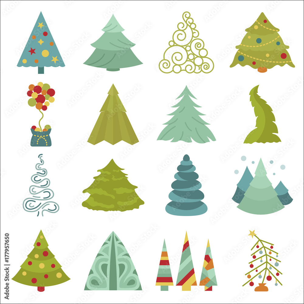 Obraz premium Christmas tree icon set. Flat isolated design. New year winter collection