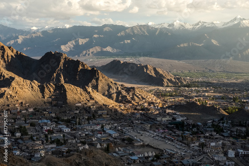 Landscape of Leh city and mountain around from Leh Monastery Leh district, Ladakh, in the north Indian state of Jammu and Kashmir.