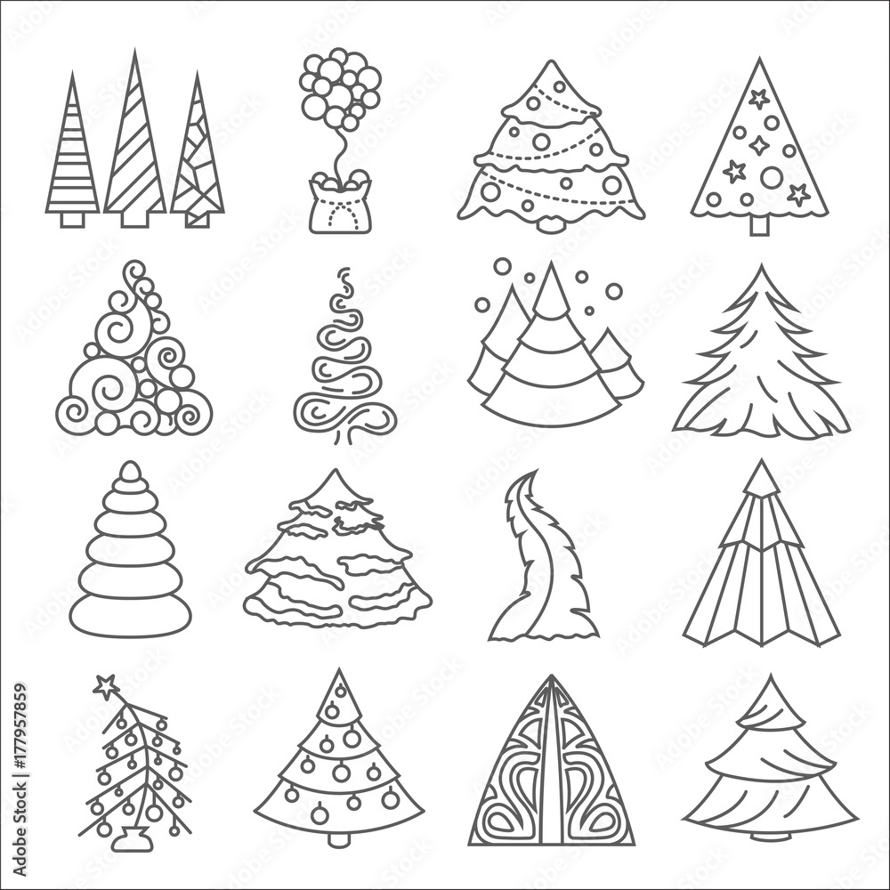 Christmas tree icon set. Flat isolated thin line design. New year winter collection
