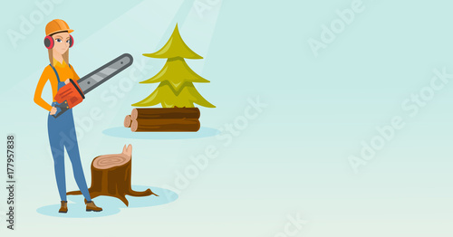 Caucasian female lumberjack holding chainsaw. Lumberjack in workwear, hard hat and headphones at the forest near stump. Lumberjack chopping wood. Vector flat design illustration. Horizontal layout.
