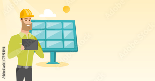 Caucasian worker of solar power plant. Engineer working on digital tablet at solar power plant. Engineer in hard hat checking solar panel setup. Vector flat design illustration. Horizontal layout.
