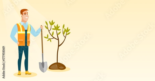 Caucasian smiling man plants a tree. Happy man standing with shovel near newly planted tree. Young man gardening. Environmental protection concept. Vector flat design illustration. Horizontal layout.