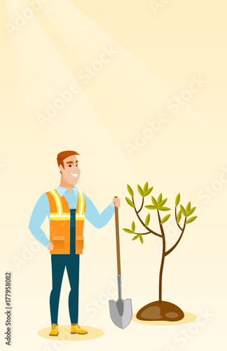 Caucasian smiling man plants a tree. Cheerful man standing with shovel near newly planted tree. Young man gardening. Environmental protection concept. Vector flat design illustration. Vertical layout.