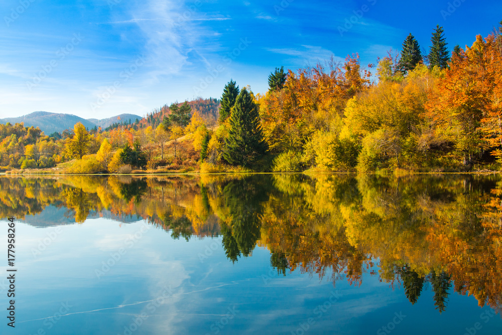 Beautiful autumn landscape, Mrzla vodica lake and Risnjak mountain, Gorski kotar, Croatia Beautiful autumn landscape, Mrzla vodica lake and Risnjak mountain, Gorski kotar, Croatia