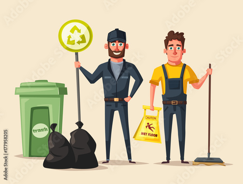 Cleaning staff character with equipment. Cartoon vector illustration.