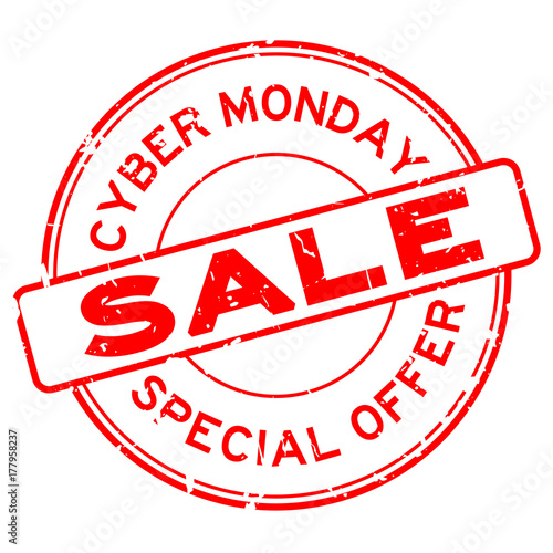 Grunge red cyber monday sale round rubber seal stamp on white background