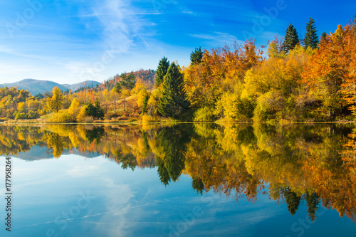 Beautiful autumn landscape, Mrzla vodica lake and Risnjak mountain, Gorski kotar, Croatia 