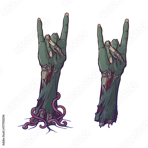 Zombie body language. Sign of the horns. lifelike depiction of the rotting flash with ragged skin, protruding bones and cracked nails. Painted linear drawing isolated on white background. EPS10 vector