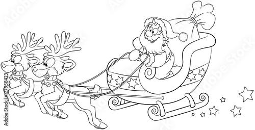 Weihnachtsmann im Schlitten mit Rentieren -
 Vektor-Illustration