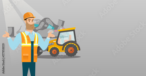 Worker of rubbish dump standing with spread arms. Man standing on the background of rubbish dump and bulldozer. Caucasian worker of rubbish dump. Vector flat design illustration. Horizontal layout.