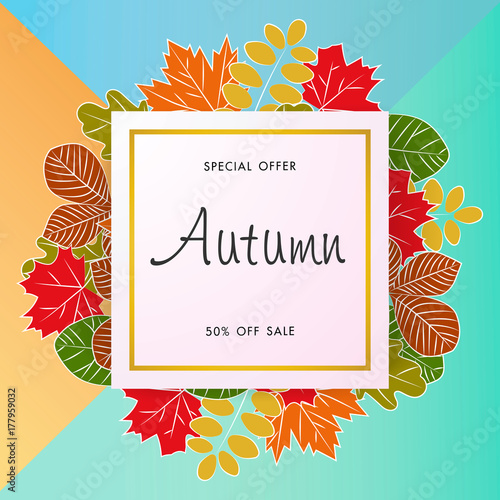 Autumn sale background with vintage colorful leave, vector illustration template, banners, Wallpaper, invitation, posters, brochure, voucher discount.